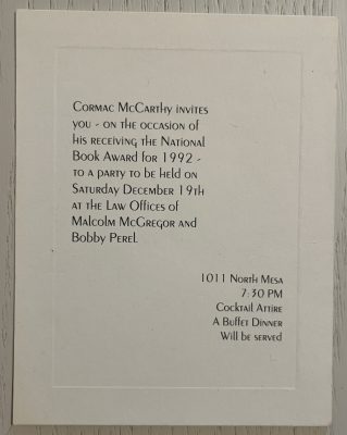 A RARE PIECE OF EPHEMERA: THE INVITATION CARD TO THE PARTY CELEBRATING MCCARTHY RECEIVING THE NATIONAL BOOK AWARD